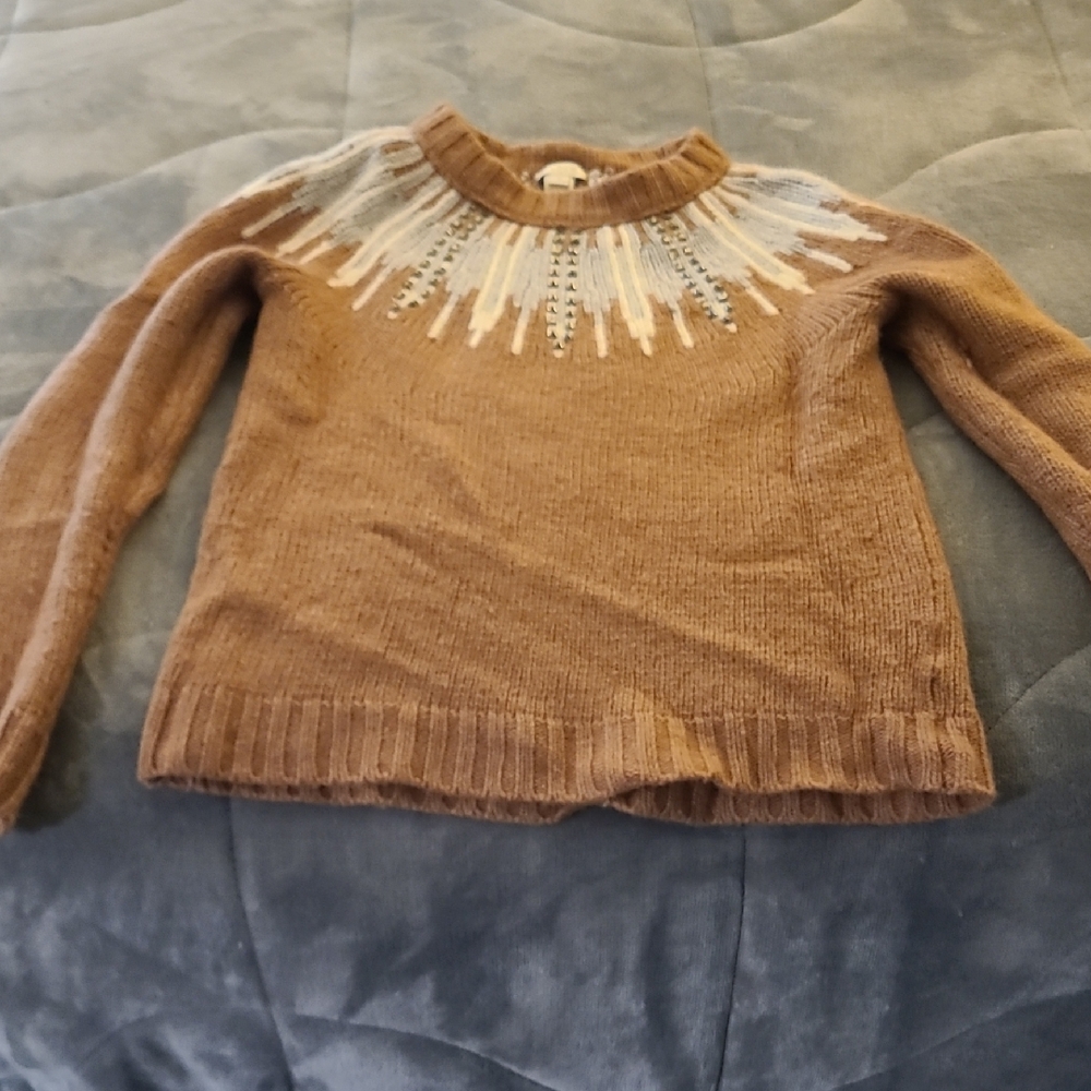 J. Crew Brown Sweater with Patterned Neckline